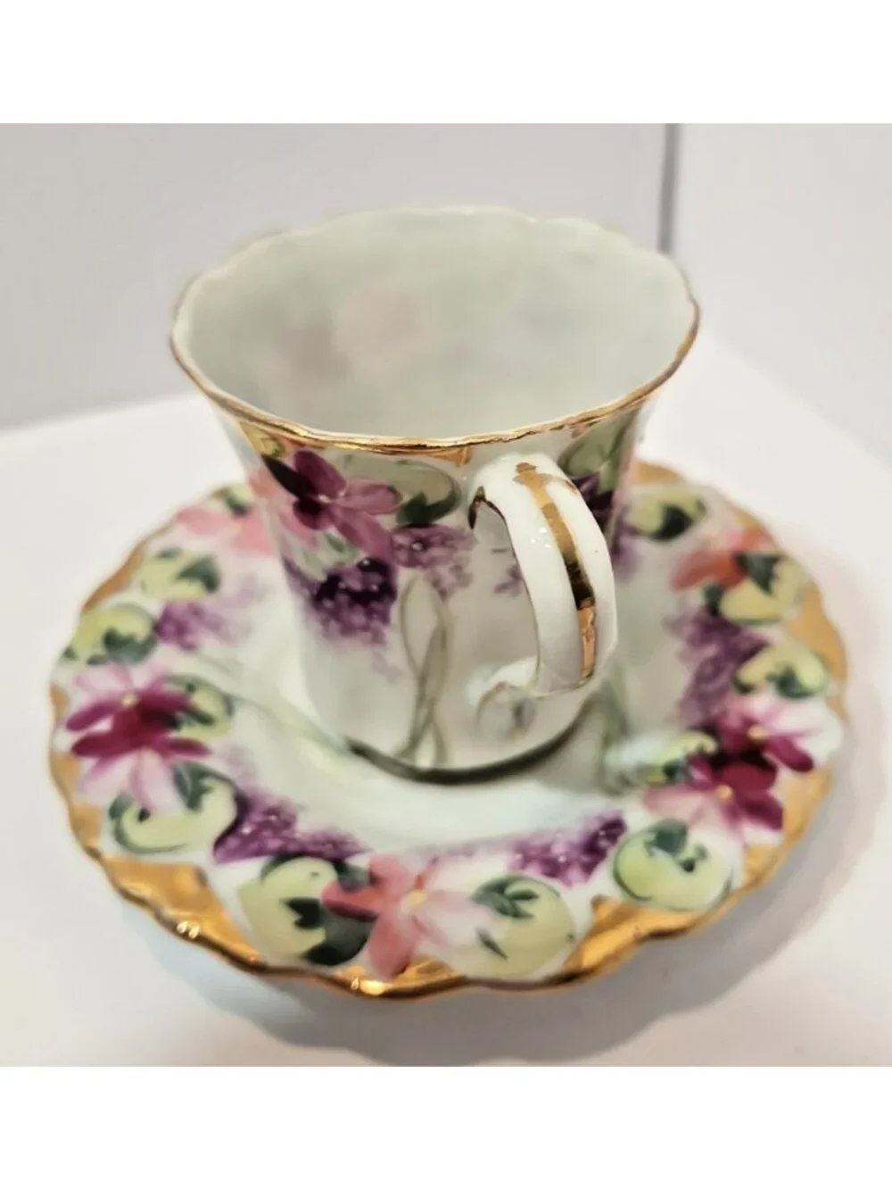 Antique Hand Painted Chocolate Cups w/Saucers Pink/Purple Violets Moriage Set 3
